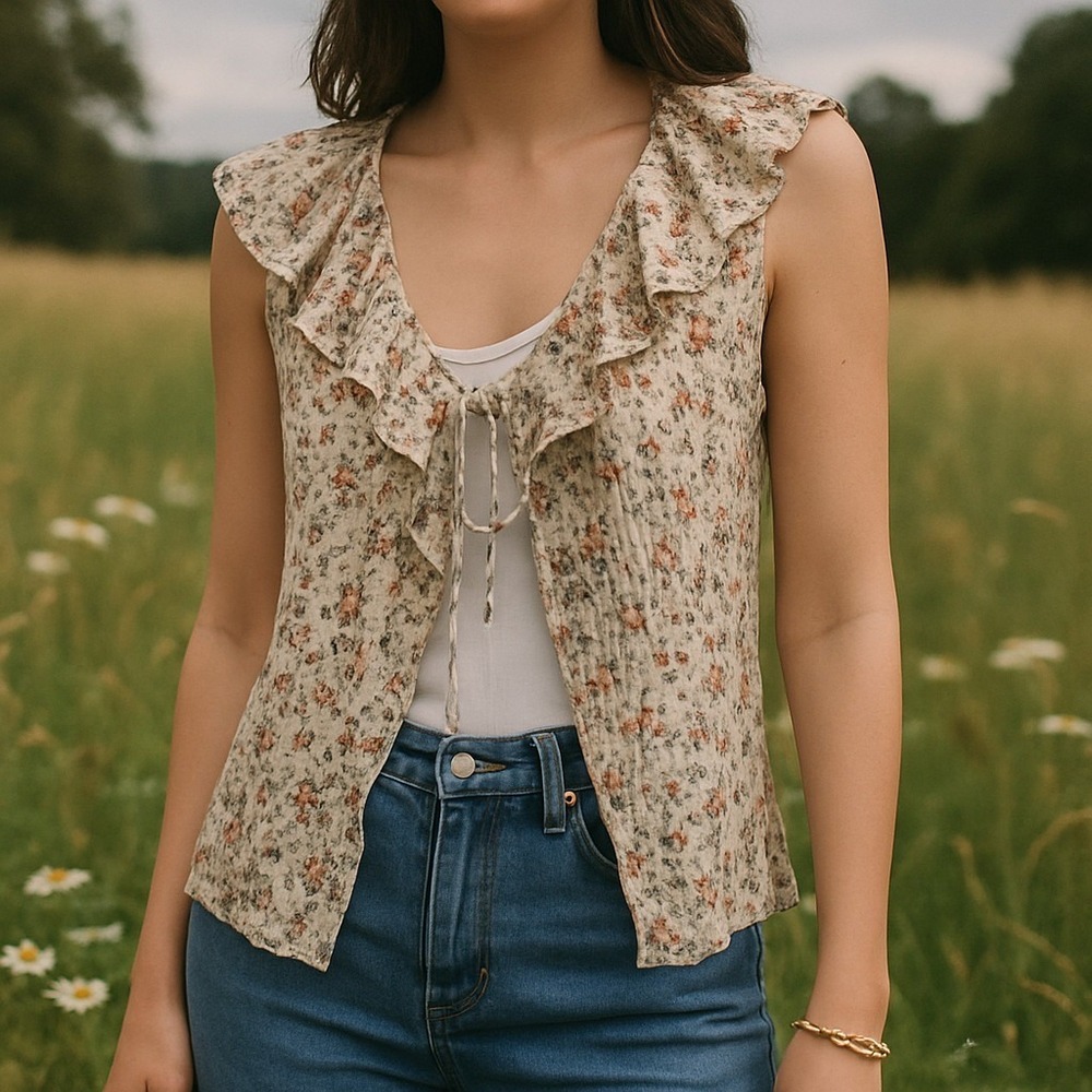 Cotton Express M Sleeveless‎ Floral Ruffle Blouse Beige Purple Rayon Cottagecore